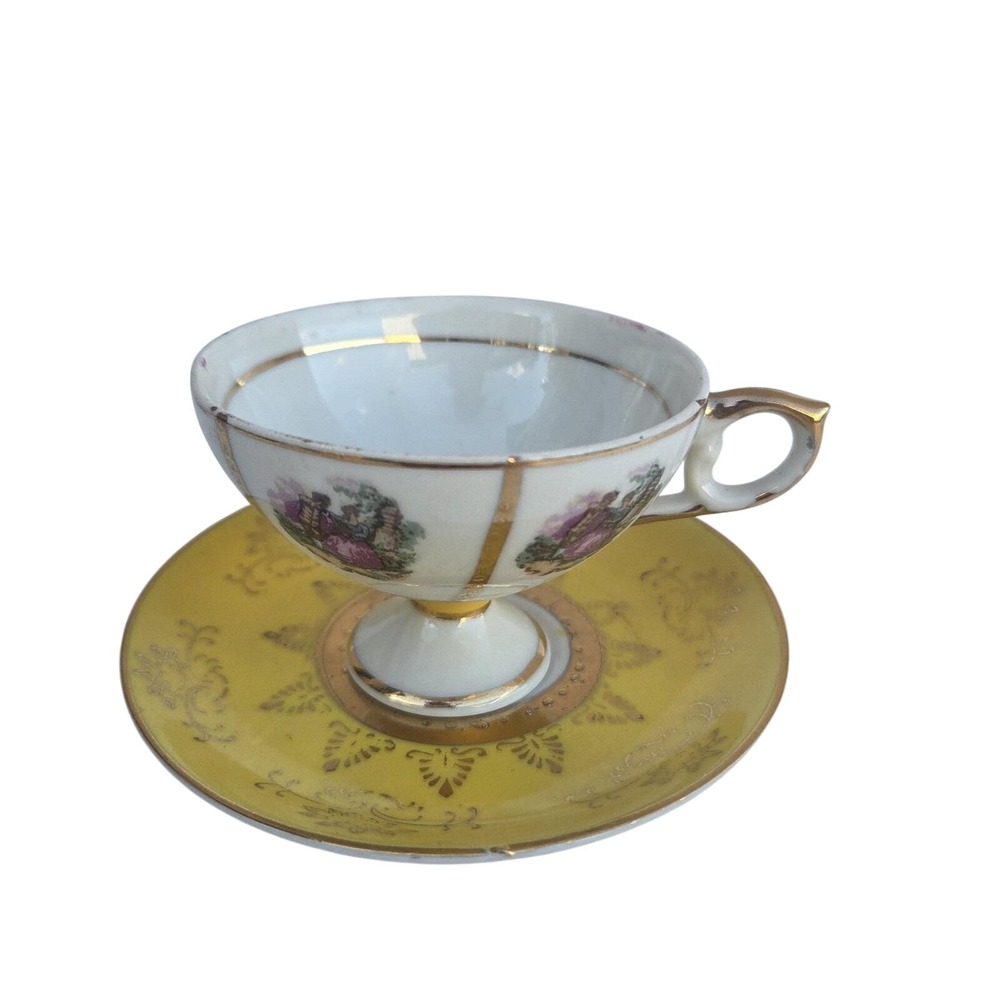 Vintage Japan Teacup & Saucer Set Yellow Gold Floral Footed Cup Made in Japan